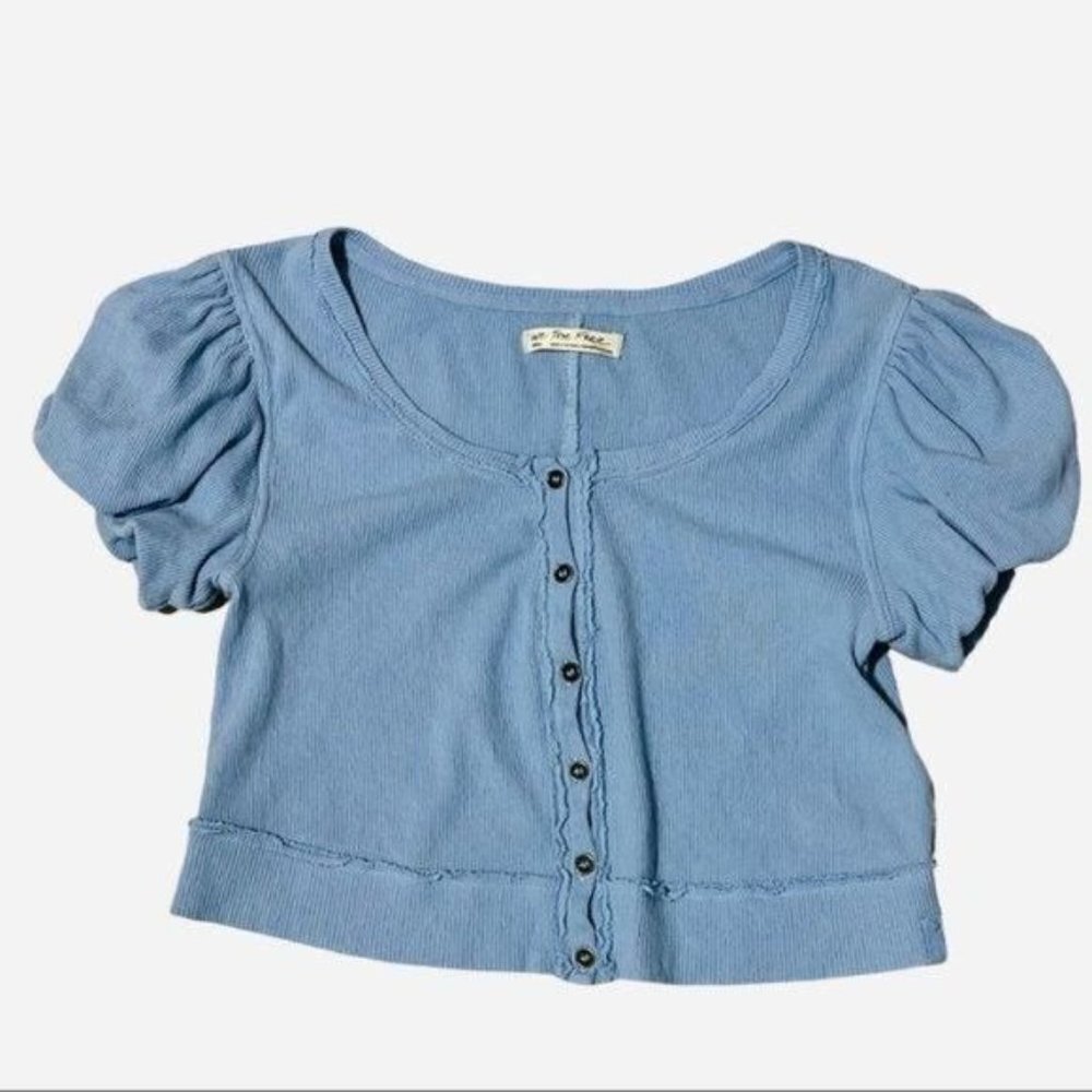 Free People We The Free Molly Ribbed Crop Top Blue Size S Puff Sleeve - Picture 6 of 10